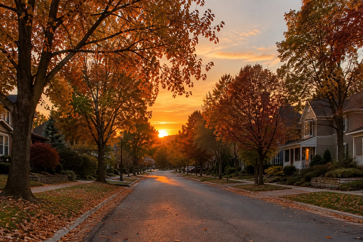 A tree lined residential street at sunset in Maryland, illustrative