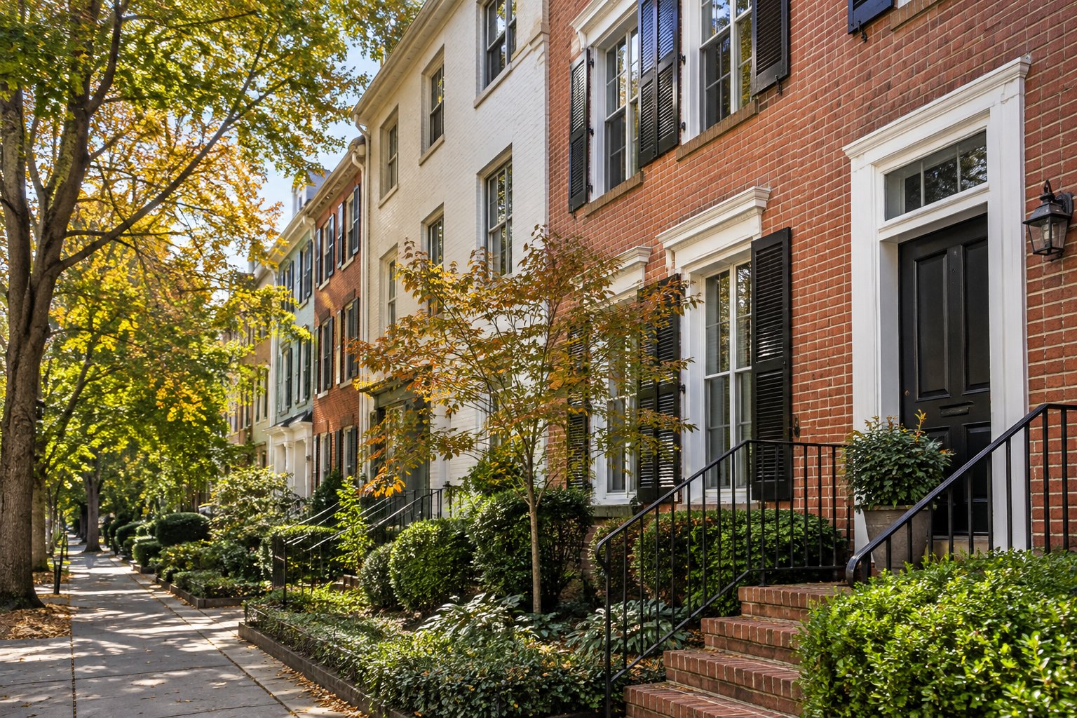 Homes along a tree lined Maryland street, illustrative