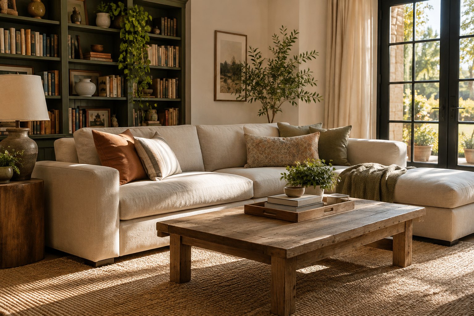A cozy sunlit Maryland family room, illustrative